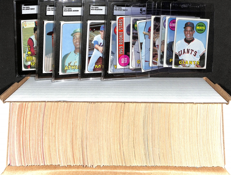 Complete 1969 Topps Baseball Card Set - All 664 Cards!  Includes 5 Graded Cards w. Mickey Mantle (SGC 5), Nolan Ryan (SGC 4), Reggie Jackson (SGC 4.5), Tom Seaver (SGC 6), Johnny Bench (SGC 2.5)