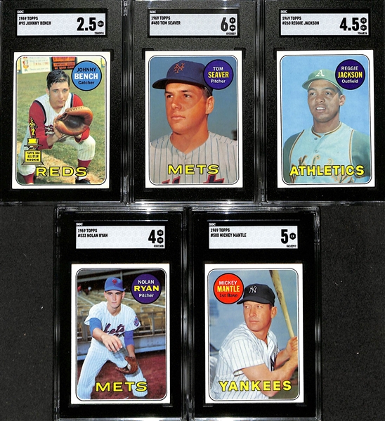 Complete 1969 Topps Baseball Card Set - All 664 Cards!  Includes 5 Graded Cards w. Mickey Mantle (SGC 5), Nolan Ryan (SGC 4), Reggie Jackson (SGC 4.5), Tom Seaver (SGC 6), Johnny Bench (SGC 2.5)