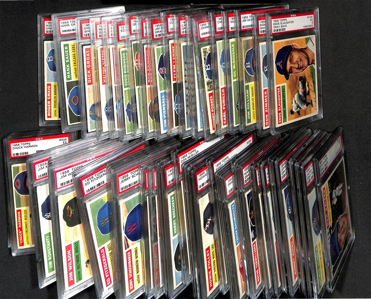 (55) Different 1956 Topps Cards - All Graded PSA 5 w. Slaughter, Zimmer, Gilliam, McDougald, Furillo, Podres, Kuenn, Cardinals Team, Labine, Piersall, Skinner, +