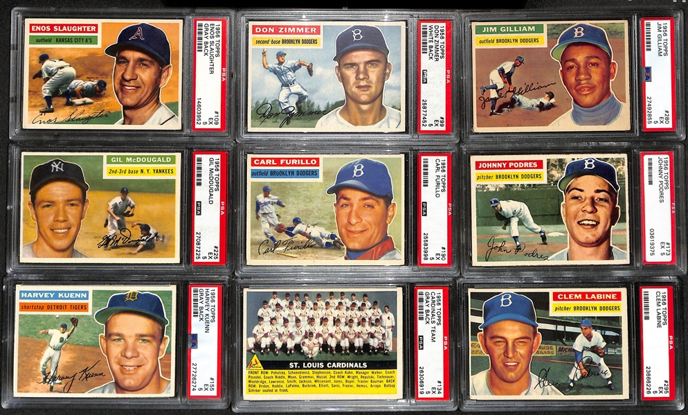 (55) Different 1956 Topps Cards - All Graded PSA 5 w. Slaughter, Zimmer, Gilliam, McDougald, Furillo, Podres, Kuenn, Cardinals Team, Labine, Piersall, Skinner, +