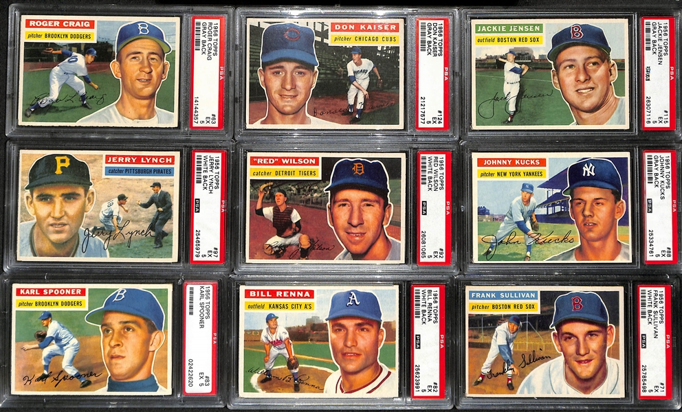 (55) Different 1956 Topps Cards - All Graded PSA 5 w. Slaughter, Zimmer, Gilliam, McDougald, Furillo, Podres, Kuenn, Cardinals Team, Labine, Piersall, Skinner, +