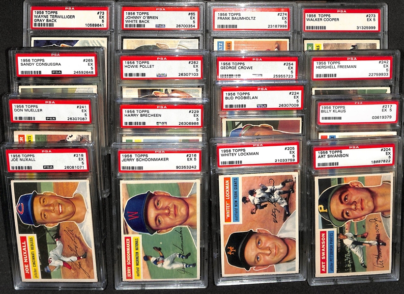 (55) Different 1956 Topps Cards - All Graded PSA 5 w. Slaughter, Zimmer, Gilliam, McDougald, Furillo, Podres, Kuenn, Cardinals Team, Labine, Piersall, Skinner, +