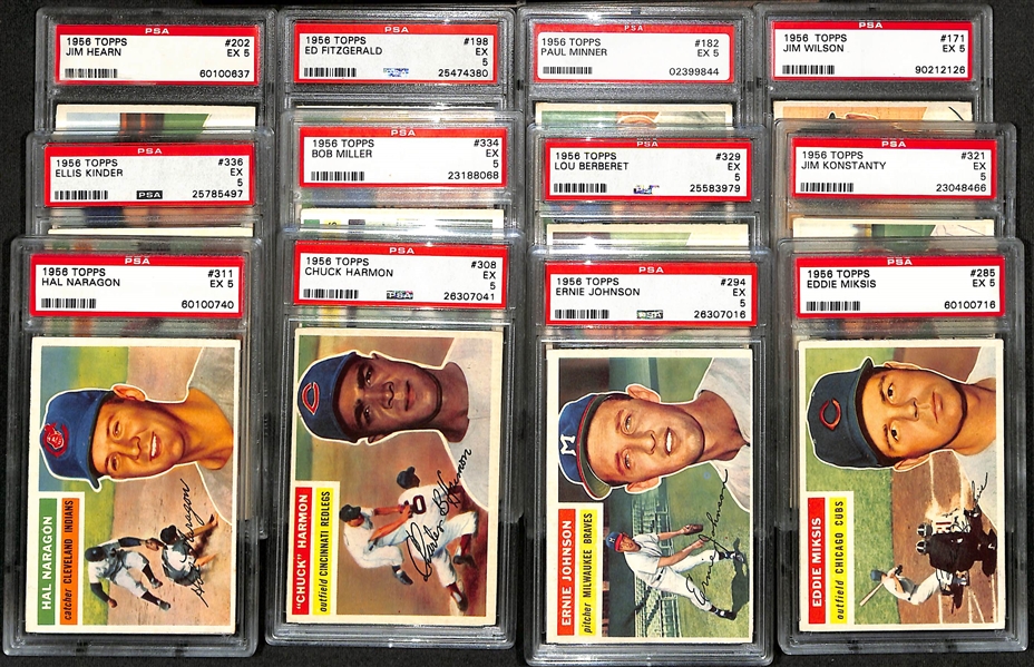 (55) Different 1956 Topps Cards - All Graded PSA 5 w. Slaughter, Zimmer, Gilliam, McDougald, Furillo, Podres, Kuenn, Cardinals Team, Labine, Piersall, Skinner, +