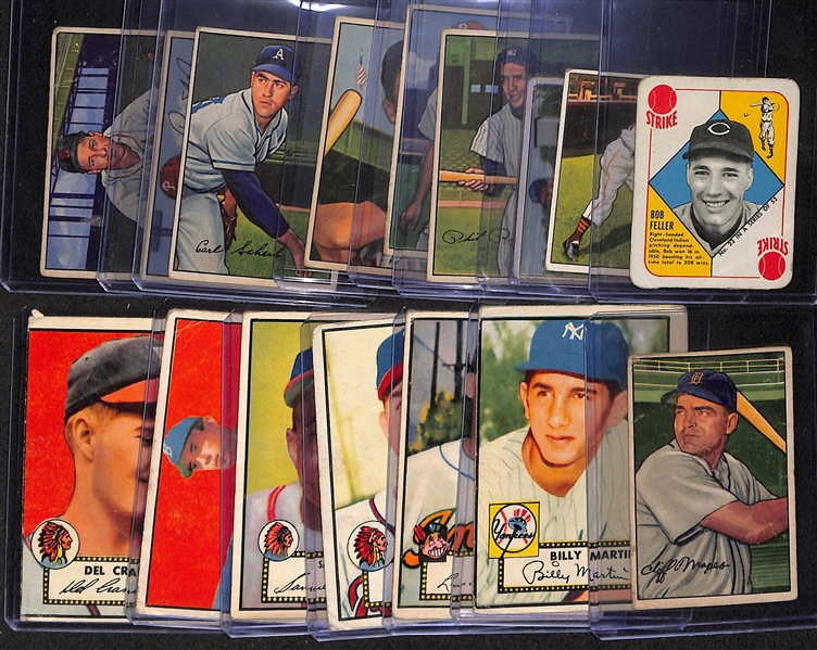 Lot of (16) 1951-1952 Topps & Bowman Baseball Cards w. 1951 Topps Bob Feller Red Back