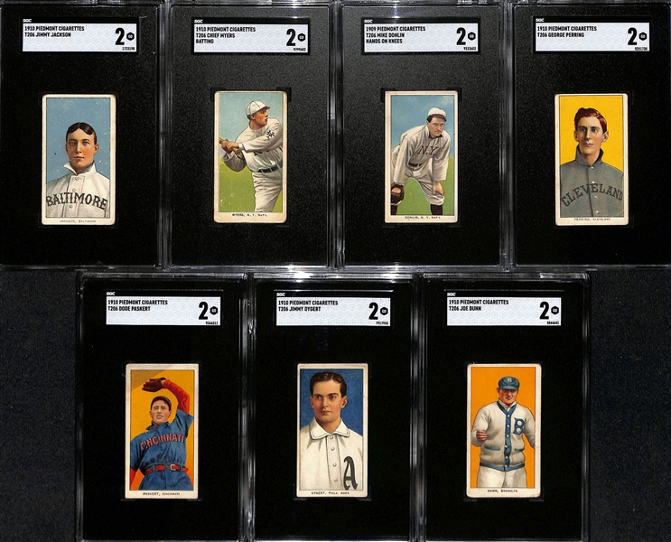(7) 1909-11 T206 Piedmont Cigarettes Tobacco Cards (Each Graded SGC 2) - Jimmy Jackson, Chief Myers (Batting), Mike Donlin (Hands on Knees), George Perring, Dode Paskert, Jimmy Dygert, Joe Dunn