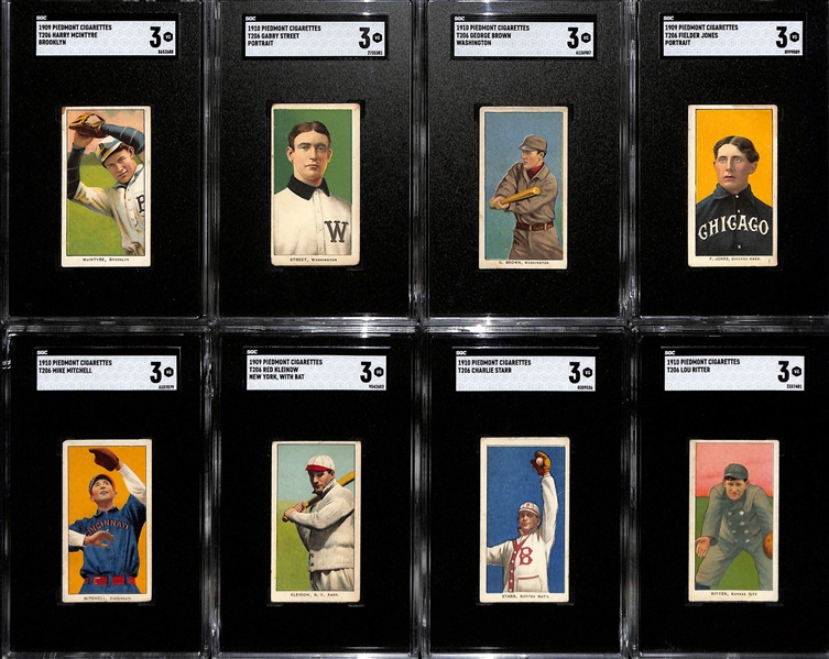 (8) 1909-11 T206 Piedmont Cigarettes Tobacco Cards (Each Graded SGC 3) - McIntyre (Brooklyn), Street (Portrait), G. Brown (Washington), Mitchell, Jones (Portrait), Kleinow (NY w. Bat), Starr,  Ritter
