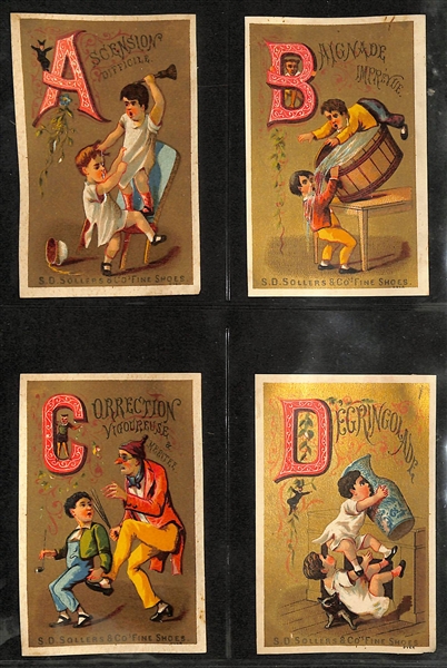 1880s-1890s SD Sollers & Co Fine Shoes Complete Set of (26), Clarks Spool Cotton Set of (7) Days of Week Cards, & (12) Soapine French Laundry Advertising Cards