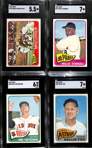 1965 Topps Graded Lot - Mickey Mantle (Clutch HR) #134 (SGC 5.5), Willie Stargell #377 (SGC 7), Carl Yastrzemski #385 (SGC 6), & Nellie Fox #485 (SGC 7)