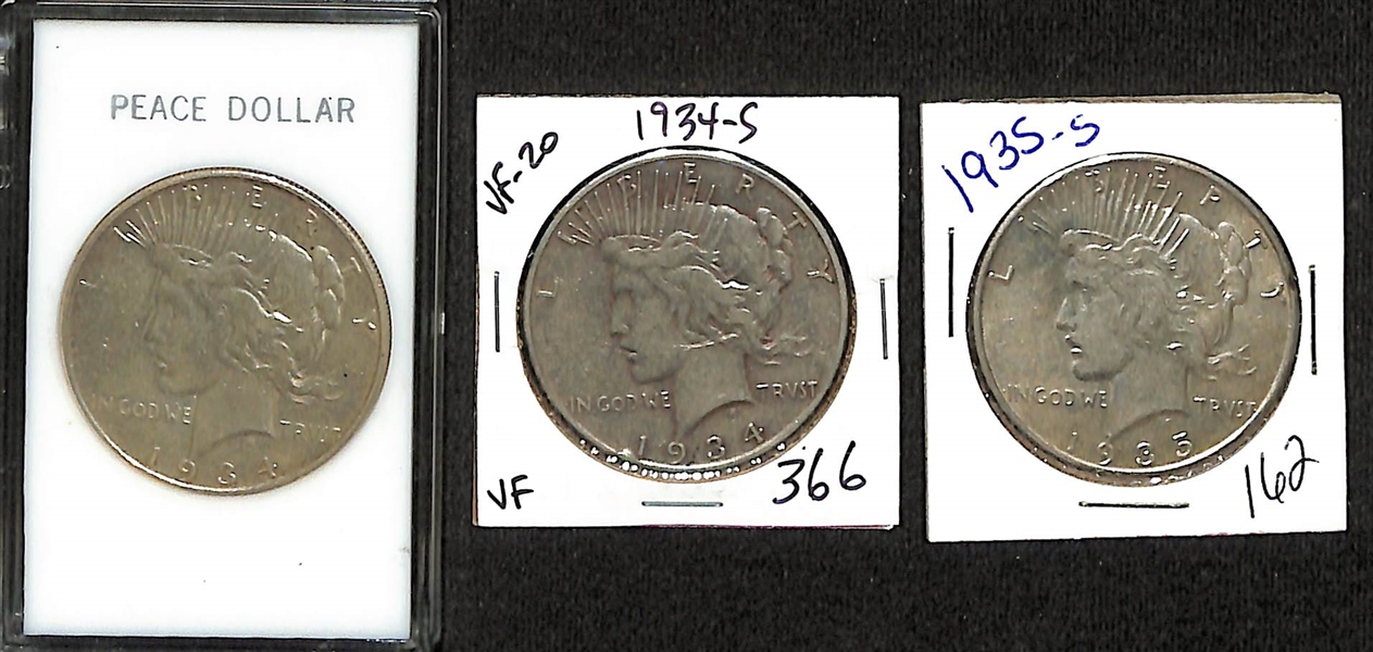 Lot of (3) Peace Silver Dollars - 1934, 1934-S, & 1935-S