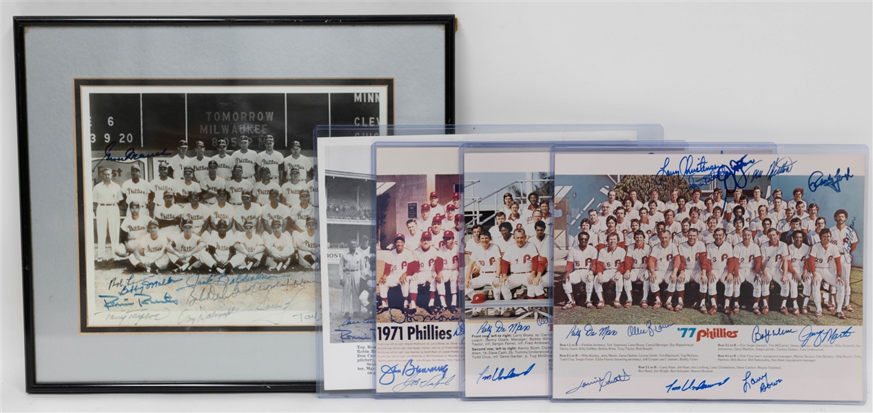 Lot of (5) Signed 1950s-70s Phillies Team Photos w/ (2) Robin Roberts, Sparky Anderson, + (JSA Auction Letter)