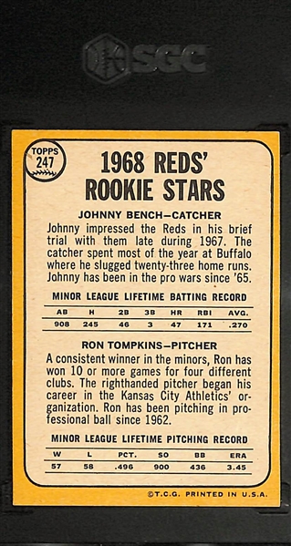 1968 Topps Johnny Bench Rookie Card #247 SGC 5