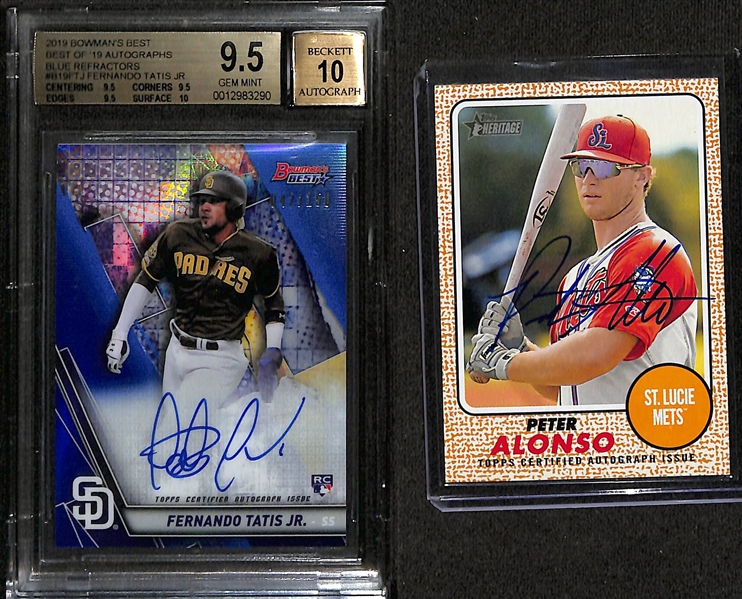 Lot of (2) Baseball Rookie Autographs- 2019 Bowman's Best Fernando Tatis Jr Blue Refractor (BGS 9) (#/150), 2017 Heritage Minors Pete Alonso