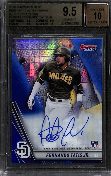 Lot of (2) Baseball Rookie Autographs- 2019 Bowman's Best Fernando Tatis Jr Blue Refractor (BGS 9) (#/150), 2017 Heritage Minors Pete Alonso