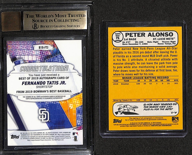 Lot of (2) Baseball Rookie Autographs- 2019 Bowman's Best Fernando Tatis Jr Blue Refractor (BGS 9) (#/150), 2017 Heritage Minors Pete Alonso