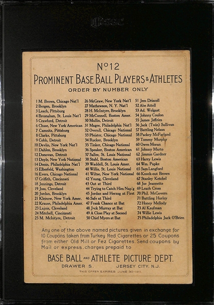 1910-11 Turkey Red Cigarette T3 Wild Bill Donovan Cabinet Card #12 (Checklist Back - Offer) Graded SGC 2.5
