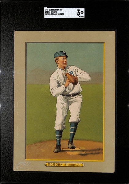 1910-11 Turkey Red Cigarette T3 Bill Bergen Cabinet Card #2 (Checklist Back - Offer) Graded SGC 3