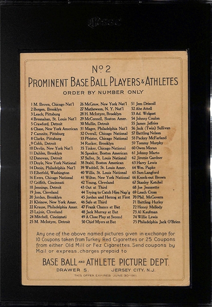 1910-11 Turkey Red Cigarette T3 Bill Bergen Cabinet Card #2 (Checklist Back - Offer) Graded SGC 3