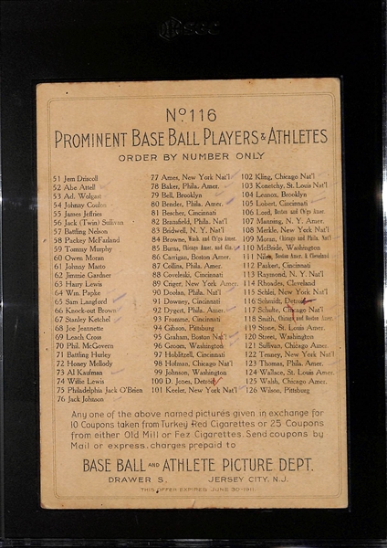 1910-11 Turkey Red Cigarette T3 Boss Schmidt (Horizontal In-Action Image) Cabinet Card #116 (Checklist Back - Offer) Graded SGC 1