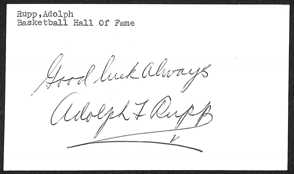 Basketball HOFer Adolph Rupp Signed Index Card (JSA Auction Letter)