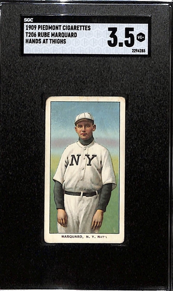 1910 T206 Rube Marquard (HOF, Hands at Thighs) Tobacco Card (Piedmont Cigarettes Back) Graded SGC 3.5