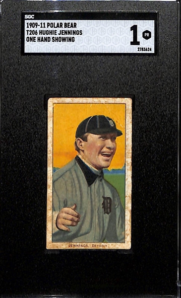 1910 T206 Hughie Jennings (HOF, One Hand Showing) Tobacco Card (Polar Bear Back) Graded SGC 1