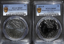 Lot of (2) 2021 & 2021-D Silver Morgan Dollars - MS69