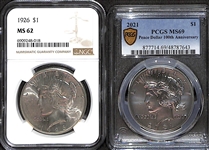 Lot of (2) Peace Silver Dollars - 1926 MS62 & 2021 MS69