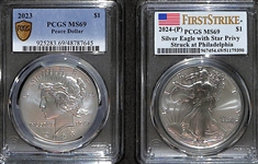 Lot of (2) Silver Dollars - 2023 Peace MS69 & 2024P Silver Eagle MS69