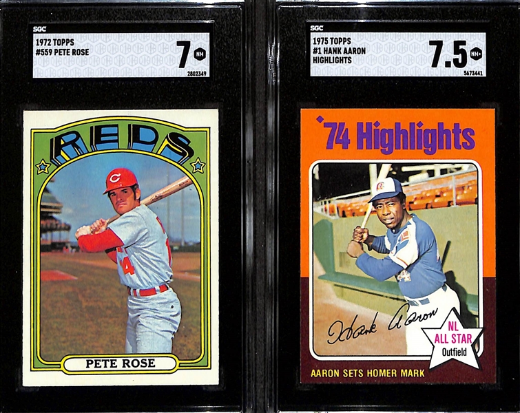 1972 Topps Pete Rose #559 (SGC 7) & 1975 Topps Hank Aaron Homer Record Highlights #1 (SGC 7.5)