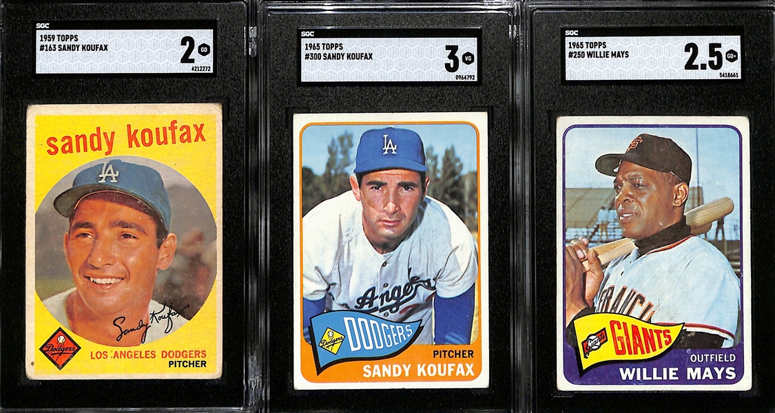 Lot of (3) Vintage HOFers - 1959 Koufax #163 (SGC 2), 1965 Koufax #300 (SGC 3), 1965 Willie Mays #250 (SGC 2.5)