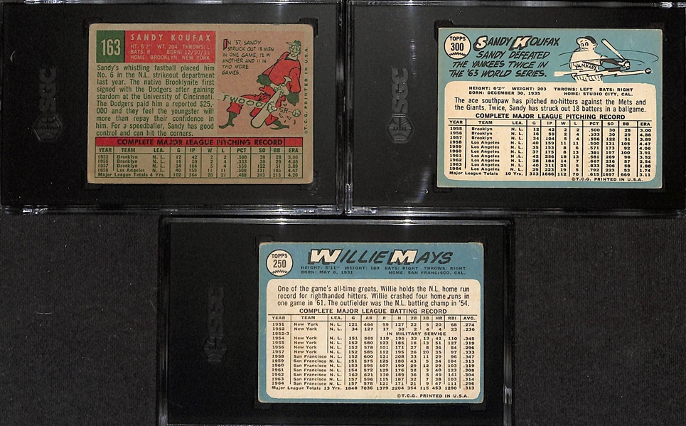 Lot of (3) Vintage HOFers - 1959 Koufax #163 (SGC 2), 1965 Koufax #300 (SGC 3), 1965 Willie Mays #250 (SGC 2.5)