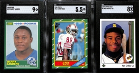 Lot of (3) Rookie  HOFers - 1989 Score Barry Sanders #257 (SGC 9), 1986 Jerry Rice #161 (SGC 5.5), 1989 Upper Deck #1 Ken Griffey Jr. (SGC 8)