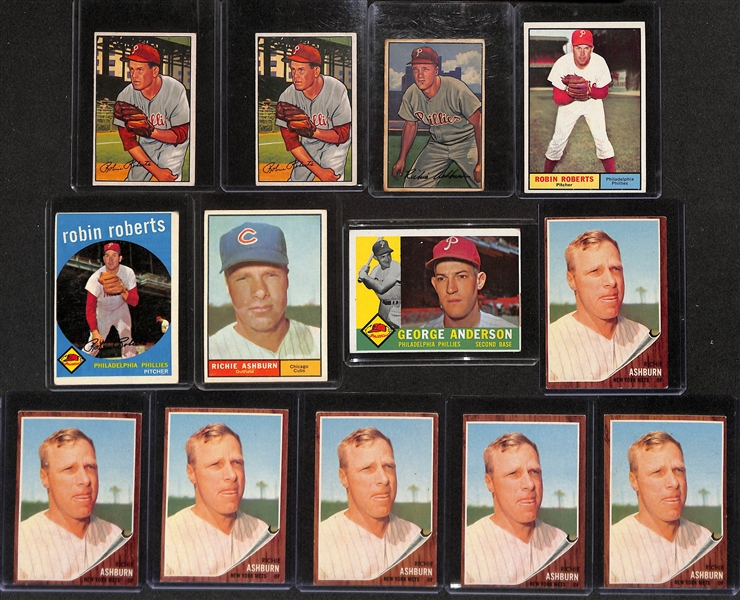 Lot of (13) 1952-1962 Phillies Baseball Cards w. (2) 1952 Bowman Robin Roberts