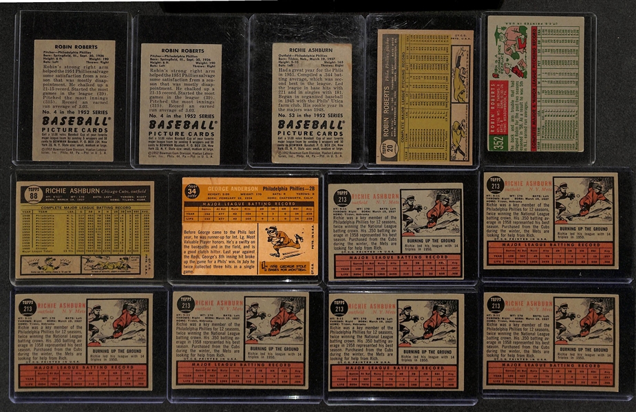 Lot of (13) 1952-1962 Phillies Baseball Cards w. (2) 1952 Bowman Robin Roberts