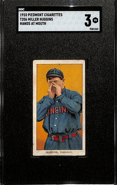 1910 T206 Piedmont Cigarettes Miller Huggins (HOF, Hands at Mouth) Graded SGC 3