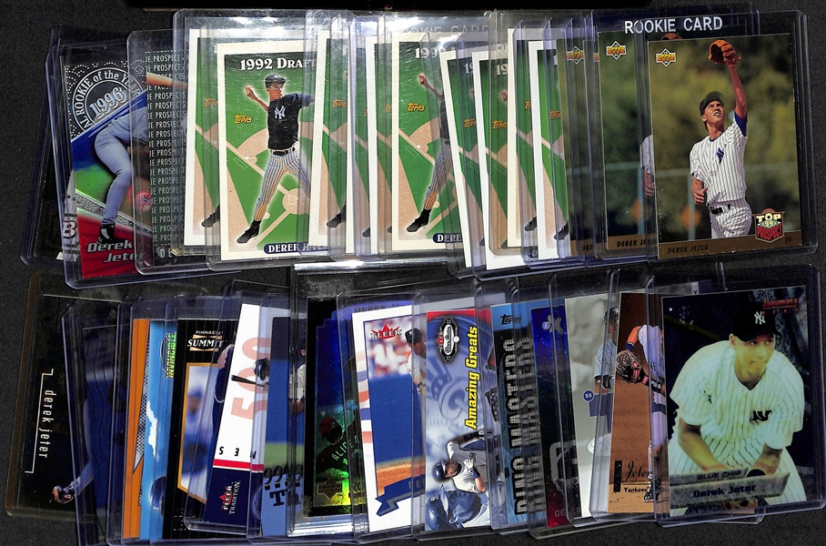 Lot of (32) Derek Jeter Cards WIth Rookies & Inserts - Inc. (4) 1993 Upper Deck Top Prospect Rookie Cards, (10) 1993 Topps Draft Pick Rookie Cards, 1994 Fleer Prospect Card, and More!
