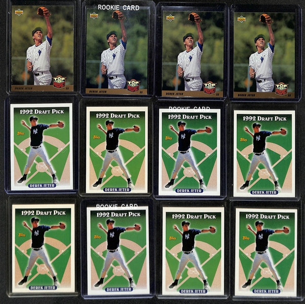 Lot of (32) Derek Jeter Cards WIth Rookies & Inserts - Inc. (4) 1993 Upper Deck Top Prospect Rookie Cards, (10) 1993 Topps Draft Pick Rookie Cards, 1994 Fleer Prospect Card, and More!