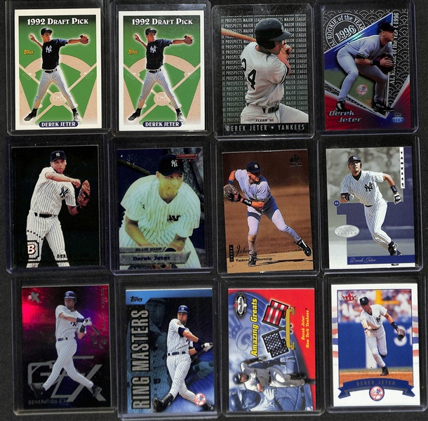 Lot of (32) Derek Jeter Cards WIth Rookies & Inserts - Inc. (4) 1993 Upper Deck Top Prospect Rookie Cards, (10) 1993 Topps Draft Pick Rookie Cards, 1994 Fleer Prospect Card, and More!