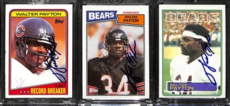 Lot of (3) Signed Topps Walter Payton (HOFer) Cards Inc. 1988 Topps #5 Record Breaker Card (+JSA Auction Letter)