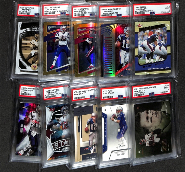 Lot of (10) PSA Graded Tom Brady Football Cards w. 2002 Fleer #3 Golden Memories & 2017 Phoenix TB-3 Triumphant-Red #/299