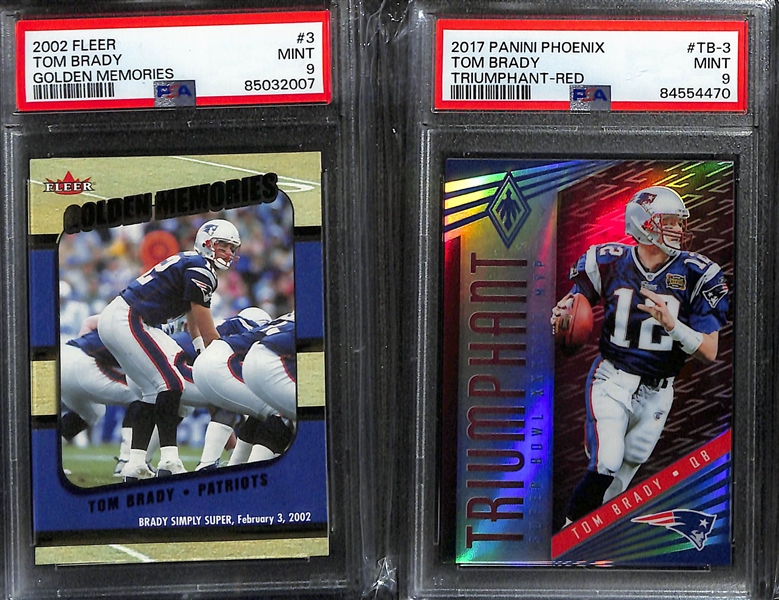 Lot of (10) PSA Graded Tom Brady Football Cards w. 2002 Fleer #3 Golden Memories & 2017 Phoenix TB-3 Triumphant-Red #/299