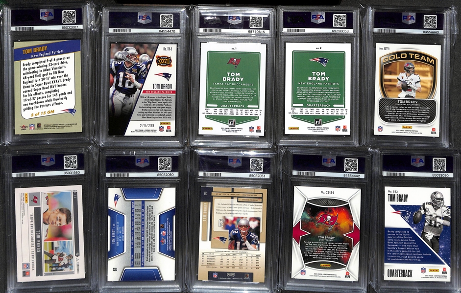 Lot of (10) PSA Graded Tom Brady Football Cards w. 2002 Fleer #3 Golden Memories & 2017 Phoenix TB-3 Triumphant-Red #/299