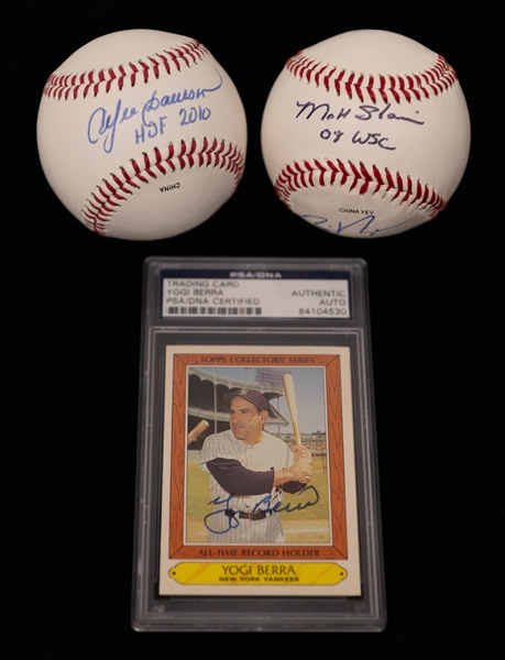 Signed Yogi Berra 1985 Topps Card (PSA/DNA) & (2) Multi-player Signed Baseballs w. Andre Dawson (JSA Auction Letter)