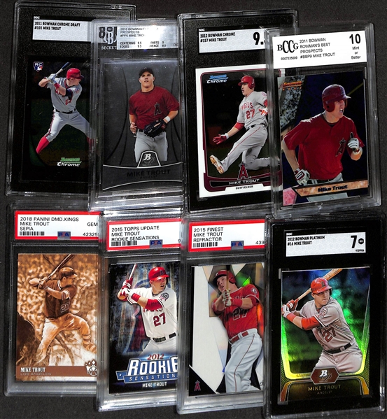 Lot of (8) Graded Mike Trout Cards w. Rookie, Early Career, and Insert Cards