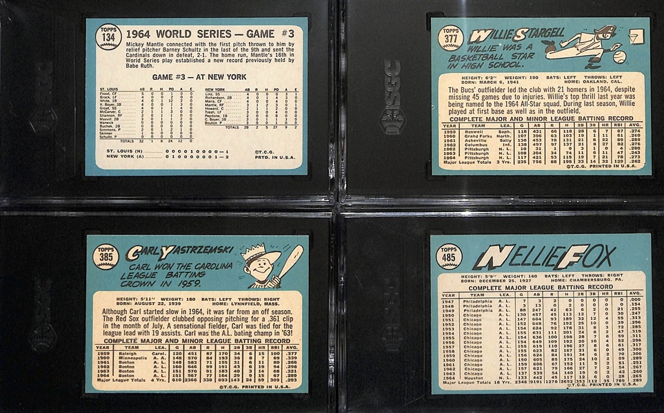1965 Topps Graded Lot - Mickey Mantle (Clutch HR) #134 (SGC 5.5), Willie Stargell #377 (SGC 7), Carl Yastrzemski #385 (SGC 6), & Nellie Fox #485 (SGC 7)