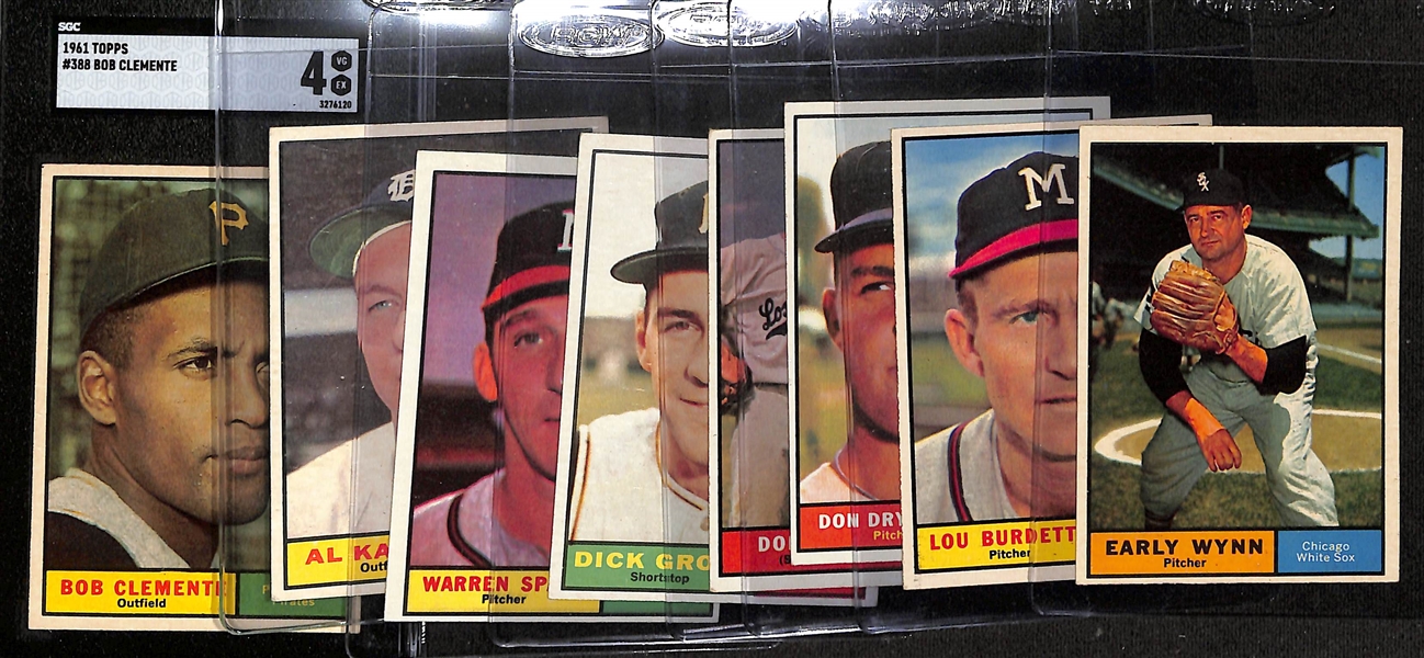 Lot of (8) 1961 Topps Baseball Cards w. Roberto Bob Clemente (SGC 4)