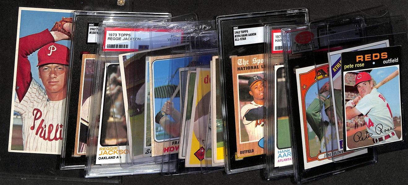 (18) 1950s-1970s Topps & Bowman Baseball Cards w. Pete Rose, Hank Aaron (HOF), Catfish Hunter (HOF)