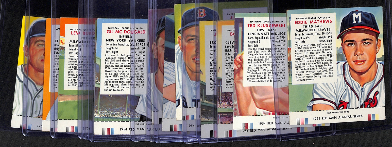 (13) 1954 Red Man Tobacco All-Star Series Cards w/tabs inc. Eddie Mathews, Ted Kluszewski, Bob Lemon