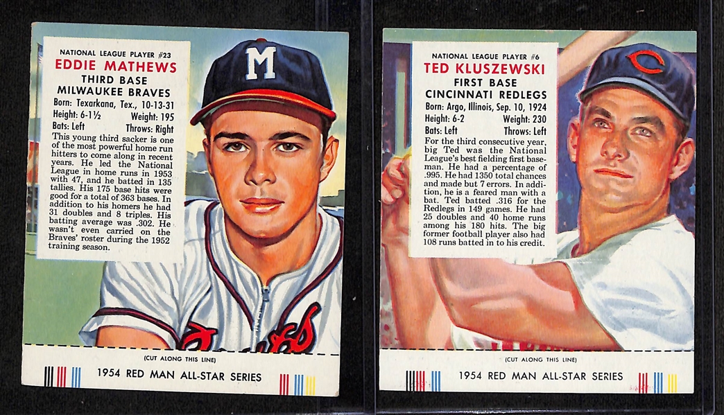 (13) 1954 Red Man Tobacco All-Star Series Cards w/tabs inc. Eddie Mathews, Ted Kluszewski, Bob Lemon