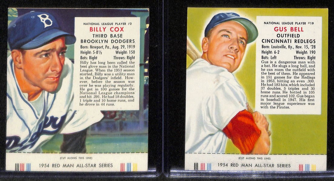 (13) 1954 Red Man Tobacco All-Star Series Cards w/tabs inc. Eddie Mathews, Ted Kluszewski, Bob Lemon